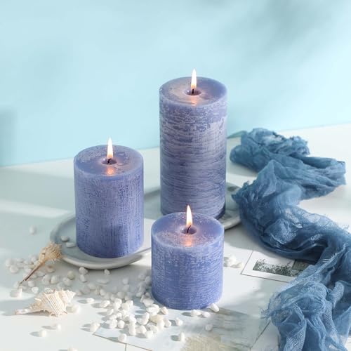 3x6 Inch Blue Pillar Candles Set of 3 - Hand-Poured Unscented Candles, Long Clean Burning, Large Big Candle, Smokeless Dri...