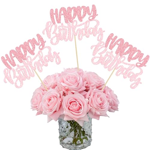 Gyufise 12Pcs Happy Birthday Centerpieces Sticks Double Sided Glitter Birthday Party Decorations Anniversary Table Flower ...