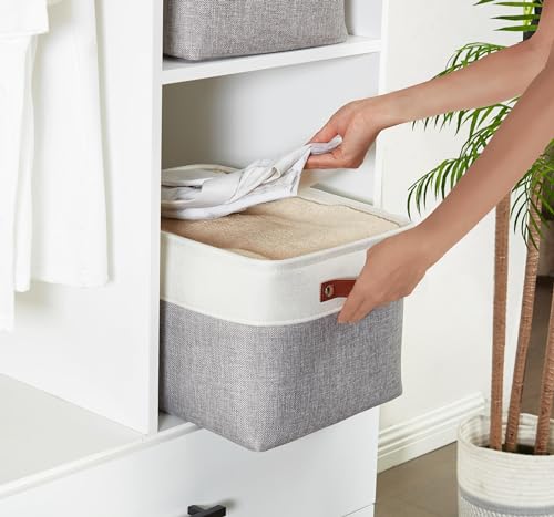 DECOMOMO Storage Baskets for Shelves - Fabric Storage Bins, Linen Closet Organizers and Storage (Grey & White, Large - 1 P...