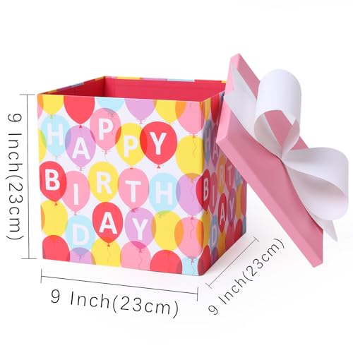 BIOBROWN Medium Birthday Gift Boxes with Lids for Presents, 9x9x9 Inches Pink Balloon Design Collapsible Gift Box for Birt...
