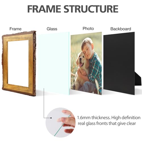 Golden State Art, 5x7 Picture Frame Rustic Brown, Solid Wood Picture Frame with Bark Edges & Real Glass Cover, Display Pos...