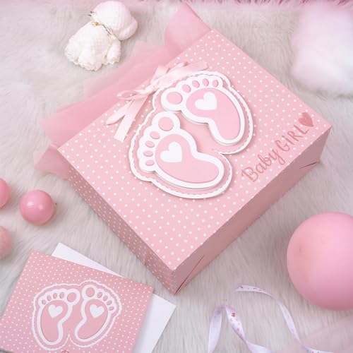 LeZakaa 13" Pink Gift Bags with Tissue Paper, Gift Card, Foot Print & Baby Girl Lettering Design for Baby Shower, Little O...