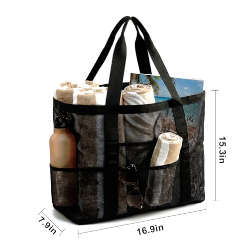 JOYPICKS Mesh Beach Bag-Large Beach Tote for Women Family with Zipper Pocket Toys & Vacation Essentials