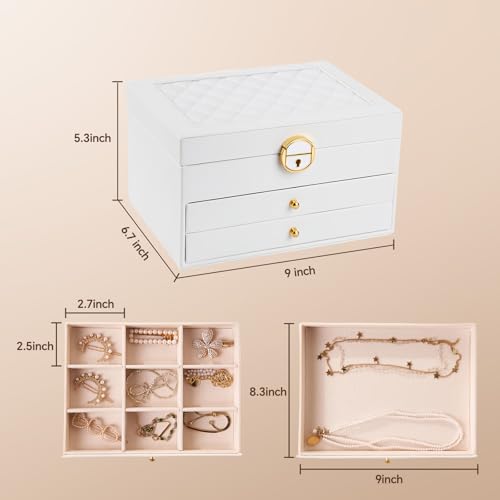 3 Layer Jewelry Box, Jewelry Holder Organizer with Jewelry Organizer Drawer, Large Jewelry Boxes & Organizer with Velvet E...