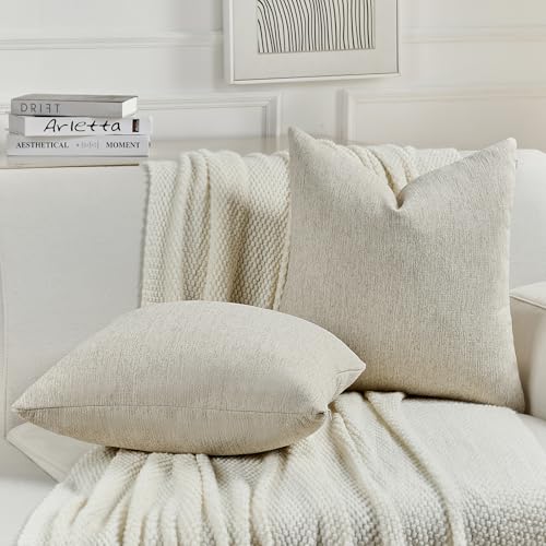 FUTEI Natural Linen Chenille Decorative Throw Pillow Covers 18x18 Inch Set of 2,Soft Cozy Faux Linen Textured Cushion Cas...