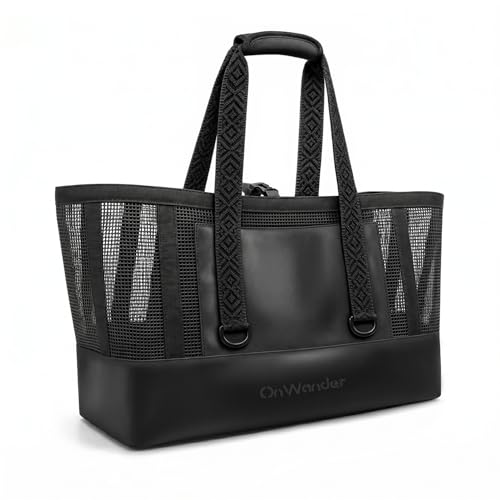 OnWander Large Mesh Beach Tote Bag - Pool Bags with 2 Inner Zipper Waterproof Pockets for Swim Toys Towels Travel