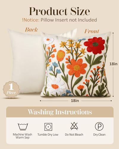 Kokaaee Embroidered Throw Pillow Cover 18x18 Inch - Spring Summer Boho Decorative Pillow Cover with Zipper for Living Room...