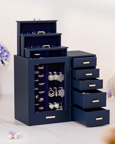 Homde Large Jewelry Box/Organizer/Case with Glass Window, Drawers for Necklaces Earrings Rings Bracelets Watches Gift for ...