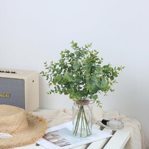 Zheart Fake Eucalyptus Stems in Glass Vase with Faux Water,14" Artificial Plants Eucalyptus Leaves for Shelf Desk Bathroom...