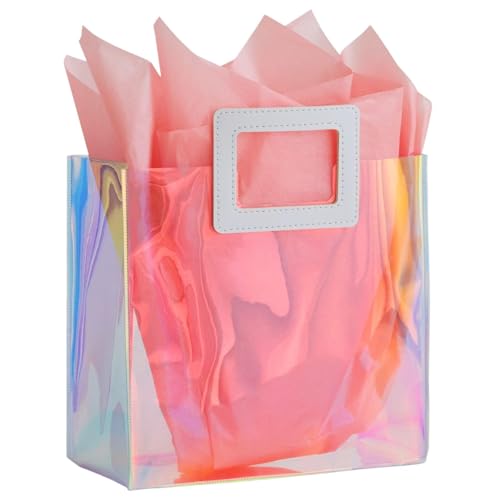 VUOJUR 8.3'' Holographic Small Gift Bag with Tissue Paper Reusable Birthday Gift Bag for Girls Women Iridescent Bacheloret...
