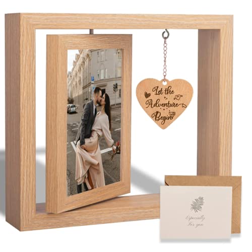 Rotating Floating Let the Adventure Begins Picture Frame, Engagement Gifts for Couples, Rustic 4x6 Floating Picture Frames...