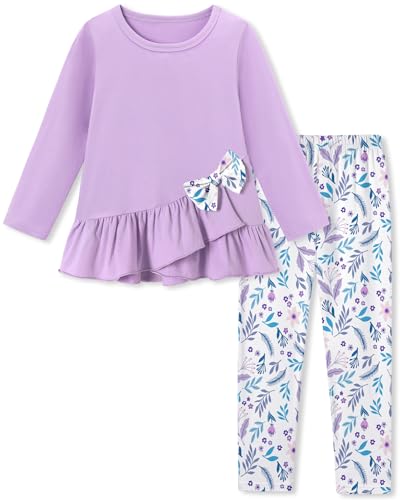 SOLOYEE Toddler Girl Clothes 18M-8T Girls Fall Winter Outfit, Long Sleeve Ruffle Bowknot Top + Floral Pants 2Pcs Clothing Set