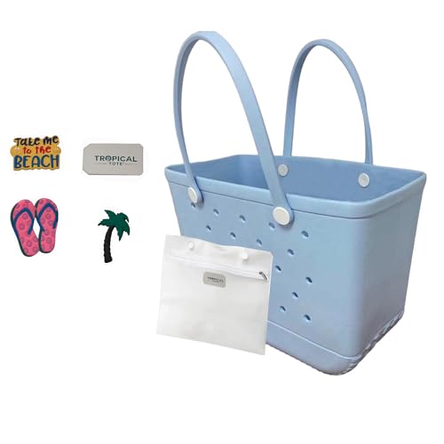 XL Waterproof Rubber Beach Tote Bag with Drainage Holes –Stylish Rubber Bag with Charms for Sand-Free Beach,Pool & Lake Days