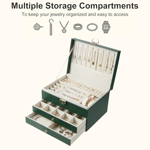 XRXYX 3 Layer Jewelry Box with Lock, Women Large Jewelry Holder Organizer with Drawer for Necklaces, Rings, Bracelets, Ear...