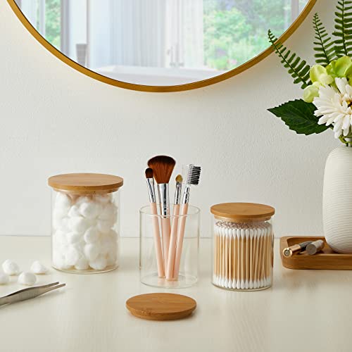 INIUNIK Glass Qtip Holder Dispenser with Bamboo Lid - 2 Pack Apothecary Jars - Cotton Balls Pads Swabs Holder Jar - Bathro...