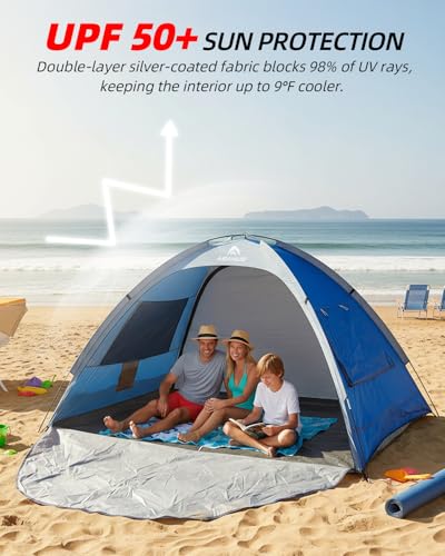 Abahub 3-Person Beach Tent Sun Shelter, UPF 50+ UV Protection Portable Sun Shade with 2 Doors and 2 Mesh Windows, Lightwei...