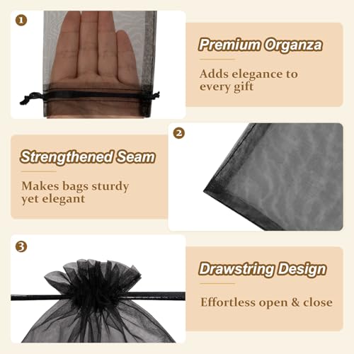 Crweety 50 Pcs Black Organza Bags 4x6 Inch, Small Mesh Gift Bags Drawstring for Jewelry Bracelet Packaging, Premium Sheer ...