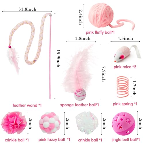MALLMALL6 10Pcs Cat Toy Set Interactive Cat Toys Pack Including Feather Teaser Wand Cat Springs Mice Crinkle Balls and Pet...