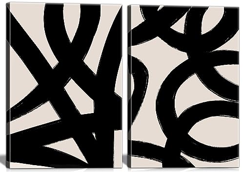 Framed Abstract Wall Art Canvas Set Lines Pictures Modern Mid Century Boho Wall Decor Minimalist Abstract Black Stroke Lin...