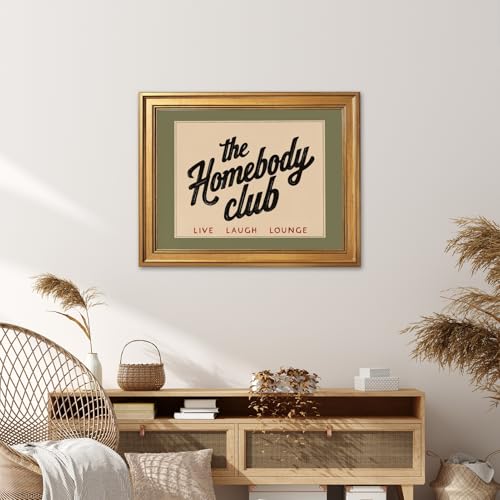 Ripiyome Gold Frame The Homebody Club Canvas Print Cozy Lifestyle Home Green Wall Art Vintage Typography Poster Painting A...