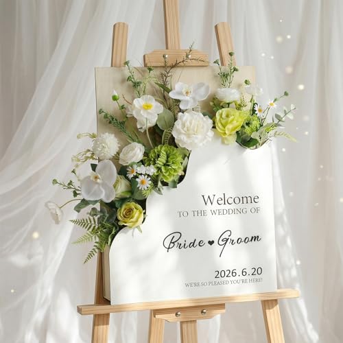 RattanView Wooden Wedding Welcome Sign with Flower Box 24 x 18 Inches Custom Name & Date Welcome to Our Wedding Outdoor Si...