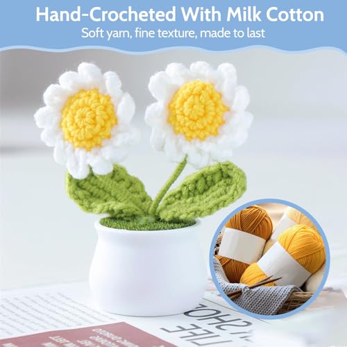 Aeekkya 3pcs Crochet Flowers Pot, Cute Handmade Crochet Flower Desk Decor with Sunflower, Lily of the Valley, Forget Me No...