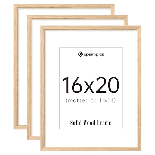 upsimples 16x20 Frames Set of 3, Natural Solid Wooden Picture Frames, Display 11x14 with Mat or 16 x 20 Without for Vertic...