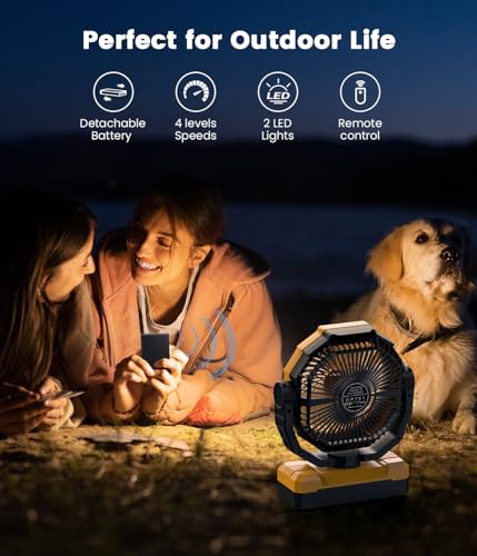 Korbot 36000mAh Portable Camping Fan - 120HRS Rechargeable Fan with Detachable Battery with LED & Remote - 4 Speeds Batter...