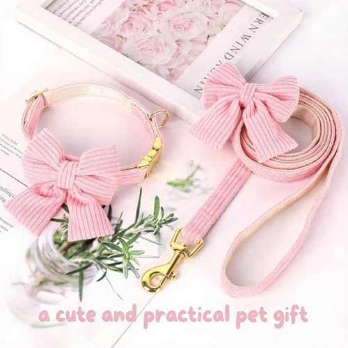 Dog Collar and Leash Set with Bowtie, Soft & Cute Puppy Collar, Cotton Puppy Collar with Adjustable Metal Buckle for Smal...