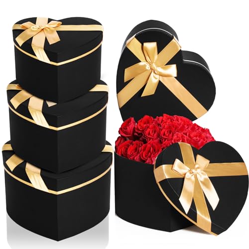Resurhang Black 4 Pcs Valentines Heart Shaped Gift Box with Lid for Flower Arrangement Large Present Gift Box for Valentin...
