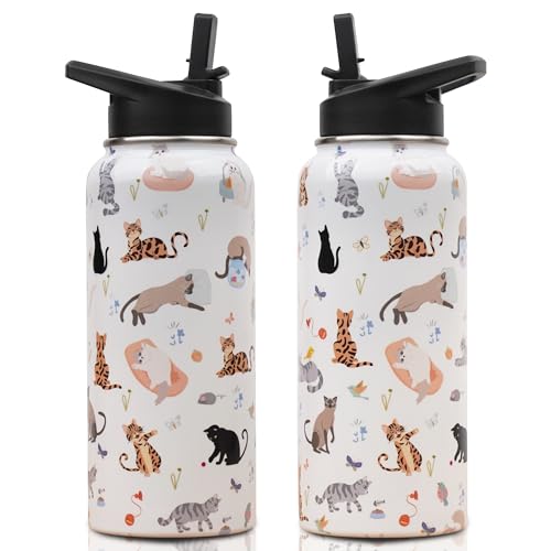 Insulated Water Bottle 32 oz, Cat Water Bottle with Straw and Lid, Reusable Leakproof Water Bottle Stainless Steel, Cat Lo...