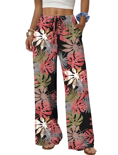 Sampeel Wide Leg Pants for Women Flowy Palazzo Drawstring Elastic Waist Trousers with Pockets Summer Beach Vacation Clothes