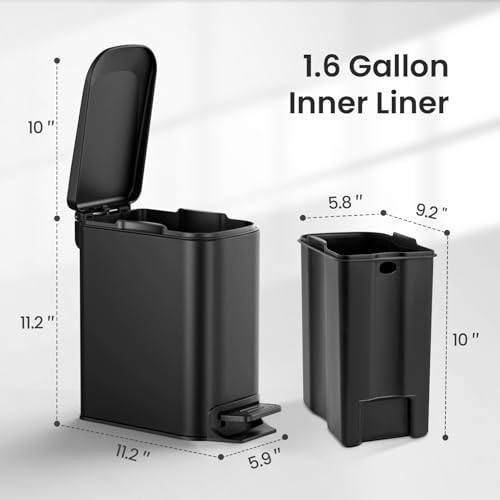 Cesun Small Bathroom Trash Can with Lid Soft Close, Step Pedal, 6 Liter / 1.6 Gallon Stainless Steel Garbage Can with Remo...