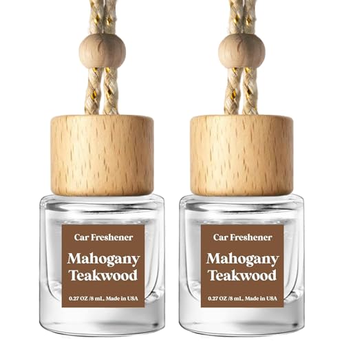 C Classy Car Air Freshener Hanging 2 Pack, Mahogany Teakwood Essential Oil Diffuser, Cute Glass Bottle, Long-Lasting Fragr...