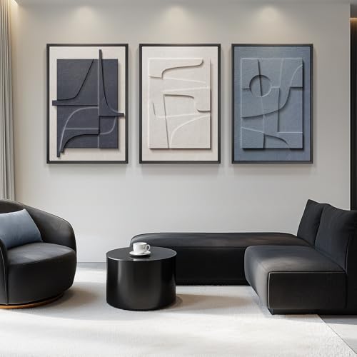 Large 3D Textured Framed Blue and White Abstract Wall Art for Living Room, 3 Piece Modern Artwork for Walls, Minimalist Na...