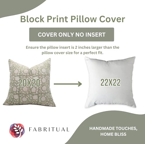 Fabritual Block Print Pillow Covers 14x14 Inch – Solid Handmade Cotton Linen Cushion Cover with Floral Print, Invisible Zi...