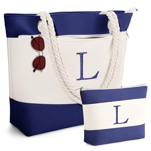 YOOLIFE Beach Bags for Women - Initial Canvas Waterproof Beach Tote Bag, Mothers Day Gifts for Women Mom Wife Friend