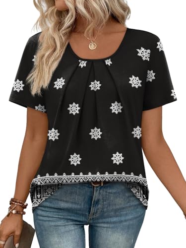 WIHOLL Women T Shirts Pleated Short Sleeve Tops Business Casual Dressy Blouses