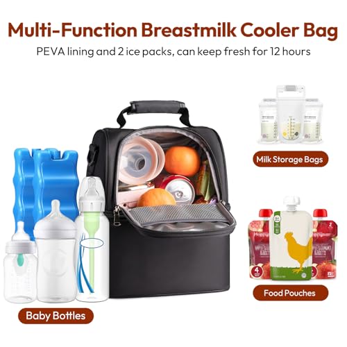 NCVI Breastmilk Cooler Bag with 2 Ice Pack, Breast Pump Bag with Cooler Fits 6 Bottles, Double Layer Breast Milk Travel Ba...