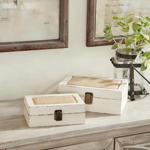 UPPER DECOR Rustic Ivory Decorative Storage Boxes with Lids Set of 2, Farmhouse Wooden Boxes for Home Decor, Keepsake Boxe...