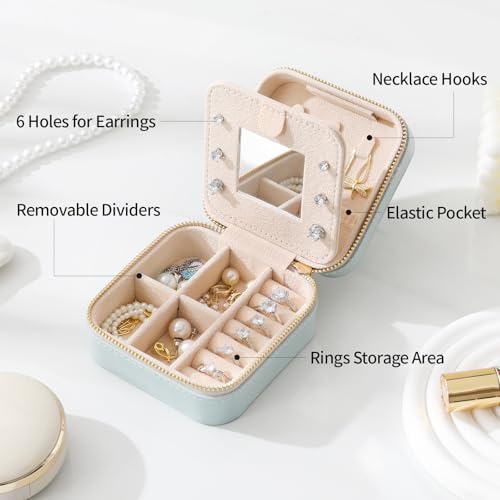 NGVRC Genuine Leather Travel Jewelry Case Organizer with Mirror for Women, Small Jewelry Box Portable Mini Jewelry Case fo...