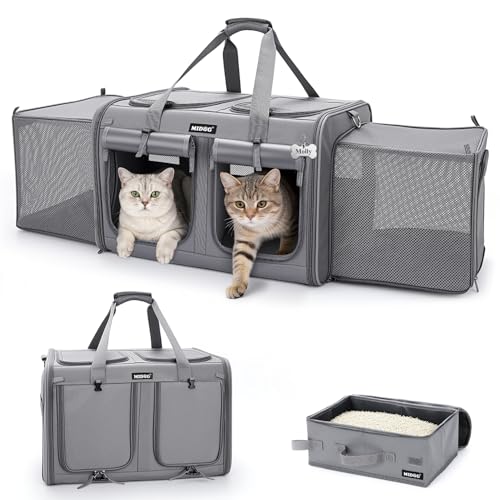 MIDOG 2 Cat Carrier with Litter Box, Expandable Dual Compartment Cat Carrier for 2 Cats, Large Soft Sided Double Pet Carri...