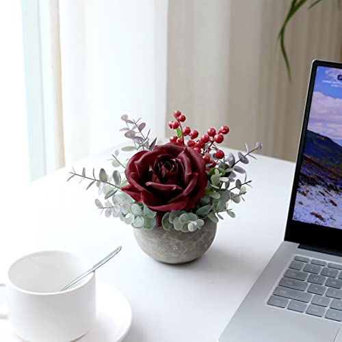 Rosscer Small Artificial Burgundy Rose Potted Plant, 6" Fake Silk Flowers in 3.5" Round Pot, Mini Faux Floral Arrangement ...
