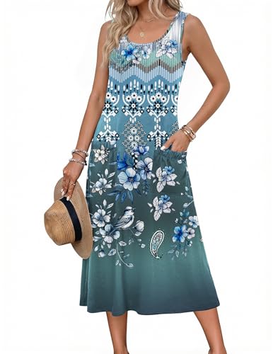 Zeagoo Womens Summer Midi Dresses 2026 Casual Sleeveless Tank Sundresses A Line Crewneck Beach Vacation Dress with Pockets