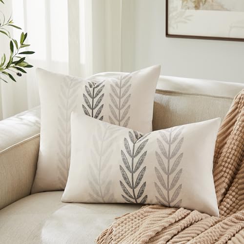 YZJZEDS 100% Cotton Farmhouse Leaves Lumbar Throw Pillow Covers Set of 2, 12x20 Inch Mixed Grey Pastoral Decorative Print ...