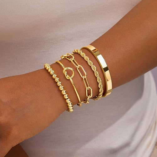 Gokeey Gold Bracelets Set for Women Non Tarnish, Waterproof 14K Gold Plated Sterling Silver Chunky Cuff Bracelet Stackable...