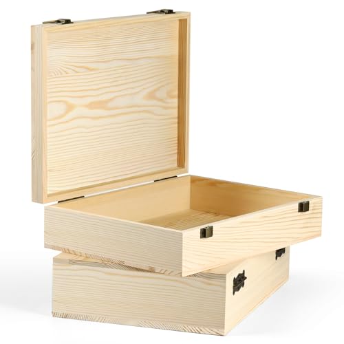 HIPNOOK 2 Pack Unfinished Wooden Box with Lid – 12"x9"x3.1" Decorative Storage Keepsake Memory Boxes Natural Pine Wooden B...