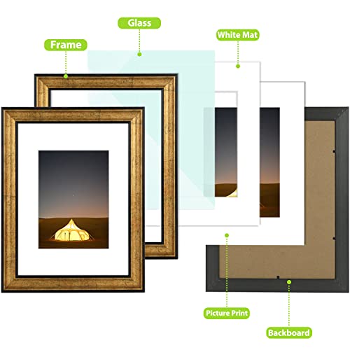 Golden State Art, 9X12 Photo Frame with White Mat for 6X8 Pictures & Real Glass, 1.25-Inch Wide, Antique Gold