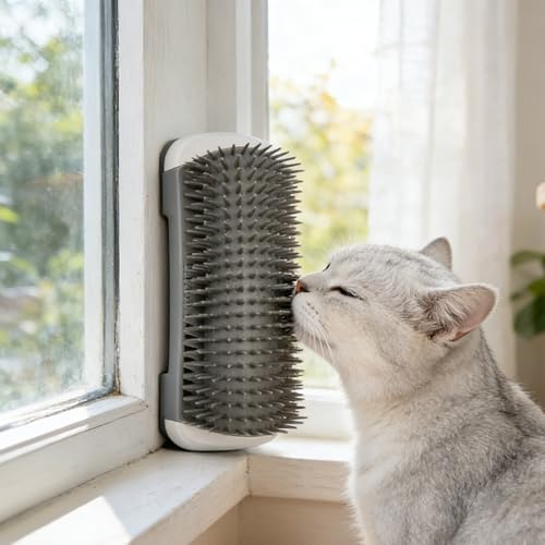 Self Cleaning Pet Grooming Brush - Wall Mounted Reusable Cat & Small Dog Groomer with Adhesive, Durable PP Plastic Comb, S...