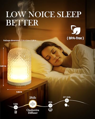 Onaboviva Essential Oil Diffuser - 2.4MHz Ultrasonic Glass Diffuser for Home, 120ml, Pulse&Continuous Mist, Bright/Dim/Bre...